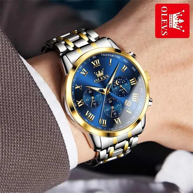 Olevs Multifunctional Moon Phase Blue Dial Men's Watch- 5529